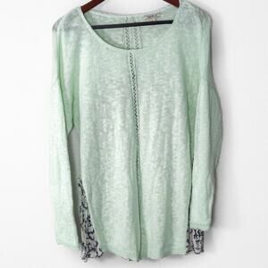 Lucky Brand Knit Sweater Green Size L Y2K Boho Floral Panel Retro Colorful